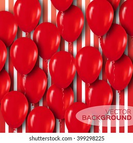 Realistic 3d Red  Balloons Flying for Party and Celebrations.Trendy Design element of Happy Birthday on stripes background. Vector Illustration.