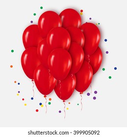 Realistic 3d Red Bunch of  Balloons Flying for Party and Celebrations with confetti. Trendy Design element of Happy Birthday. Vector Illustration.