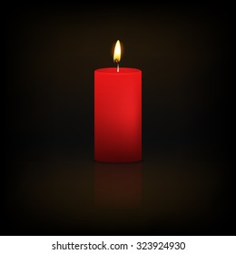 Realistic 3d red candle on a dark background with reflection. Vector EPS10 illustration.  