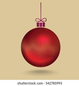 Realistic, 3d, red Christmas, New Year, ball decorated with the pattern of small gold round halftone dots, hanging on a ribbon with a small bow. Vector illustration. New Year postcard