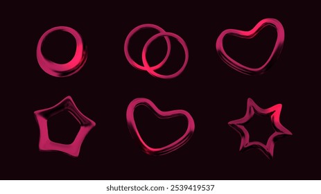 Formas de cromo rojo 3D realistas. Pegatinas corazón, estrellas, círculo. Ilustración vectorial estética