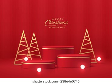 Cilindro 3d rojo realista conjunto de pedestal de podio con árbol triangular dorado y bolas de iluminación de neón. Presentación de maquillaje de productos de navidad navideña. Muestra de escenario. Diseño geométrico vectorial de plataformas.