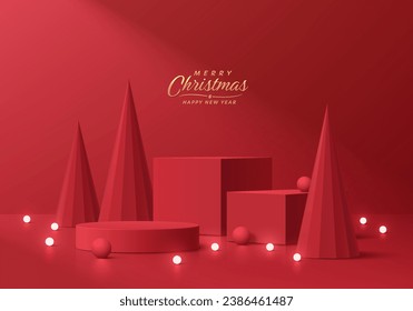 Cilindro rojo realista con pedestal de podio con árbol de navidad rojo y bolas de iluminación de neón. Presentación de maquillaje de productos de navidad navideña. Muestra de escenario. Diseño geométrico vectorial de plataformas.