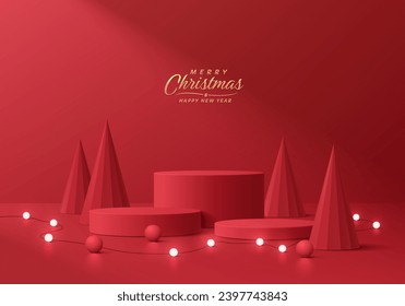 Realistic 3d red cylinder podium pedestal set with red christmas tree and neon lighting balls. Merry christmas product display mockup presentation. Stage showcase. Platforms vector geometric design.