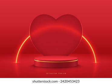 Realistic 3D red cylinder podium background with golden curve neon lighting on heart backdrop. Vector abstract geometric forms. Minimal scene mockup product stage showcase, Valentine promotion display