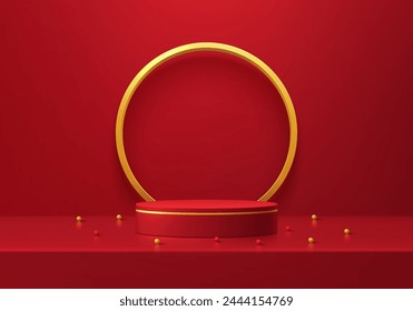 Realistic 3D red cylinder podium background with golden ring backdrop. Chinese new year concept. Minimal wall scene mockup product stage showcase, Promotion display. Abstract vector geometric forms.