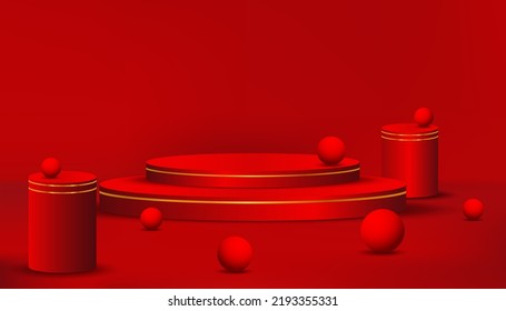Realistische 3d-rote Zylinderbühne mit goldenem Hintergrund, Podium, Kreis 3d