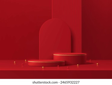 Realistic 3D red cylindrical podium background with golden balls, arch backdrop wall scene. Minimal mockup or abstract product display presentation, Stage showcase. Platforms vector geometric design.