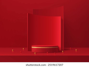 Fondo de podio cilíndrico rojo 3D realista con bolas de oro, escena de fondo de curva. Año nuevo chino. Maqueta mínima o presentación abstracta de la exhibición del producto, escaparate del escenario. Diseño de Vector de plataformas