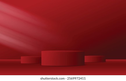 Realistic 3d red empty podium on red background. Elegant stage design for product demonstration and marketing promotion, advertising, banner, poster. Vector illustration.