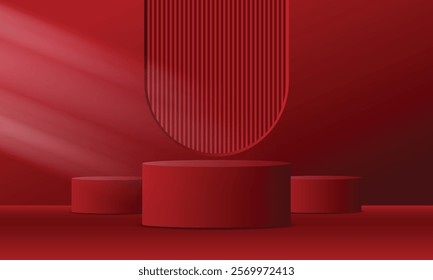 Realistic 3d red empty podium on red background. Elegant stage design for product demonstration and marketing promotion, advertising, banner, poster. Vector illustration.