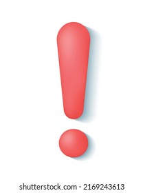 Realistic 3d red Exclamation mark. Danger information message or warning sign. FAQ. Vector illustration isolated on white background.