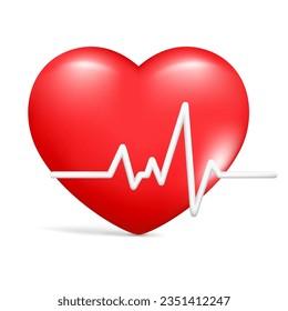 Realistic 3d red glossy heart, pulse line, heartbeat. Cartoon 3d cardiogram, cardio sign, diagnostic health, pulse beat measure, medical healthcare. Vector illustration isolated on white background