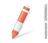 Realistic 3d red glossy pen, mechanical ballpoint pen. Cartoon 3d stationery attribute, education concept, drawing symbol, writing icon. Vector illustration isolated on white background