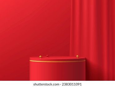 Realistic 3D red and gold cylinder 
podium pedestal background with soft red curtain scene. Abstract minimal mockup or product display presentation, Stage showcase. Platforms vector geometric design.