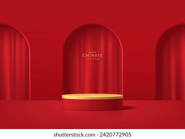 Realistic 3D red and gold cylinder product podium with curtain in 3 arch gate background. Minimal scene products showcase, Promotion display. Abstract studio room platform. Happy chinese lantern day.