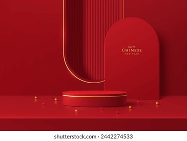 Realistic 3D red and golden cylinder podium background with arch window. Chinese new year concept. Minimal wall scene mockup product stage showcase, Promotion display. Abstract vector geometric forms.