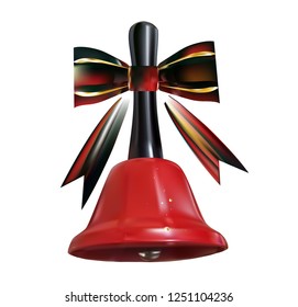 Realistic 3D red handbell with dark red bow and golden stripes with sparkles isolated on white background vector illustration.Holiday xmas symbol in bright colors.Happy new year decoration, EPS 10.