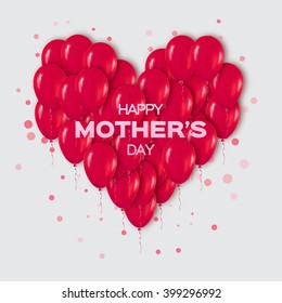 Realistic 3d Red Heart Bunch of  Balloons Flying for Party and Celebrations with confetti. Trendy Design title element of International Happy Mother's day. Vector Illustration.