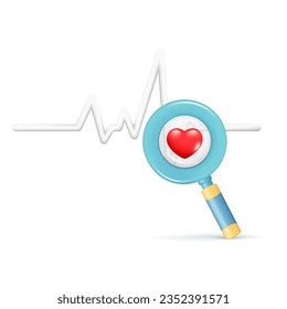 Corazón rojo 3d realista, línea de pulso, latido cardíaco, lupa. 3 d cardiograma, signo cardio, salud diagnóstica, latido de pulso, atención médica. Ilustración del vector aislada en fondo blanco