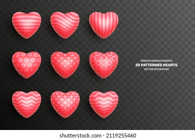 Realistic 3D Red Heart Vector Various Patterned Three Dimensional Shiny Rounded Shapes Set With Shadow Isolated On Transparent Background. Valentine's Day Assorted Hearts Love Symbol Design Elements