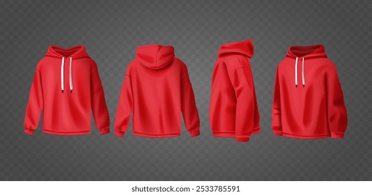 Realistic 3d Red Hoodie Mockup Showing Front And Back View With Detailed Design Ideal For Fashion Brand Concepts