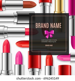 Realistic 3d Red Lipstick Advertizing Banner Card for Advertising and Promotion Cosmetics Fashion Makeup Female Product. Vector illustration