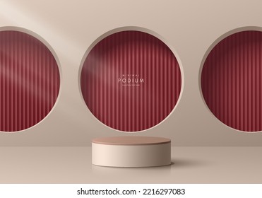 Cilindro 3D rojo realista y cilíndrico beige paran podio con patrón vertical rojo en el fondo de la ventana de los círculos. Forma geométrica abstracta vectorial. Se muestran productos de simulación de escenas mínimas. Muestra de escenario.