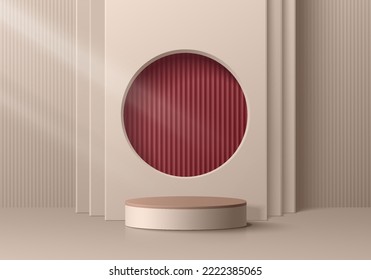 Marrón rojo 3D realista, podio peatonal de cilindro beige con textura de patrón vertical en fondo de ventana redonda. Forma geométrica abstracta vectorial. Se muestran productos de simulación de escenas mínimas. Muestra de escenario.