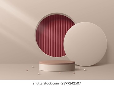 Podio de producto de cilíndrico 3D rojo y beige realista con patrón vertical rojo en el fondo de la ventana de los círculos. Forma geométrica abstracta vectorial. Se muestran productos de simulación de escenas mínimas. Muestra de escenario.