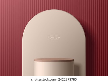 Realistic 3D red maroon, beige cylinder stand podium with red vertical pattern background. Vector abstract geometric forms design. Minimal wall scene for mockup products display. Stage for showcase.