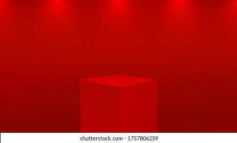Realistic 3d red podium for product display. Square pedestal or platform in studio lighting on a red background. Museum showcase concept. Vector illustration.