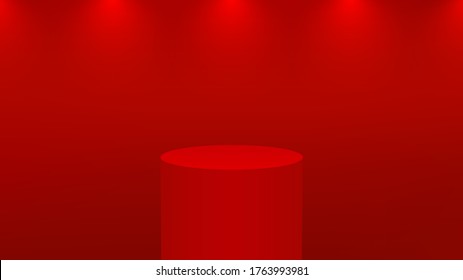 Realistic 3d red podium for product display. Round pedestal or platform in studio lighting on a red background. Cylinder museum showcase concept. Vector illustration.