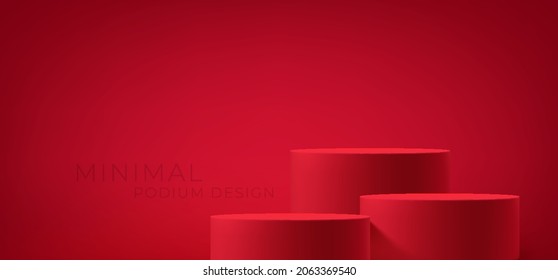 Realistic 3d red product podium on red background. Red product stage for product demonstration. Background for presentation, advertising, banner, poster. Vector illustration EPS10