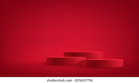 Realistic 3d red product podium on red background. Red product stage for product demonstration. Background for presentation, advertising, banner, poster. Vector illustration EPS10