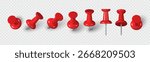 Realistic 3D red push pin. Plastic thumbtack set shown from multiple angles with soft shadow effect. Perfect element for office notes, school reminders, pin boards, maps, and announcement graphics.