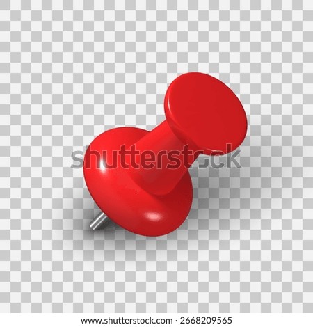 Realistic 3D red push pin. Plastic thumbtack with soft shadow effect. Perfect element for office notes, school reminders, pin boards, maps, and announcement graphics.