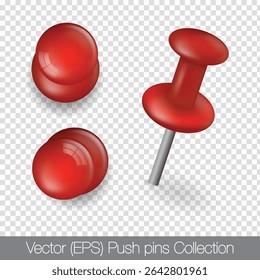 Realistic 3D red push pins shown from different angles, isolated on transparent background, vector (EPS) illustration, easy to use and edit