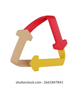 Ícone realista do triângulo de reciclagem vermelho em 3D representando sustentabilidade, práticas ecológicas e consciência ambiental com efeitos 3D vívidos.