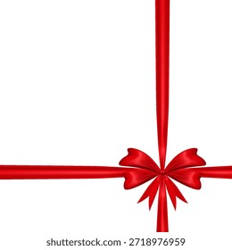 Realistic 3D red ribbon with decorative bow on white background. Elegant gift wrapping element, perfect for present box design and festive decoration.	