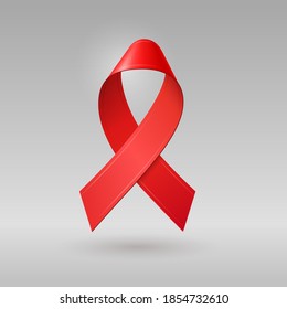 Realistic 3d red ribbon with shadow. Symbol for world AIDS HIV awareness month in december. Vector illustration for social media, medical web site, icon, logo, banner, poster.