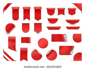 Realistic 3d red sale tags, labels, stickers and ribbons set. online shopping web banners. Empty icons of corner bookmarks, tags, flags and curved ribbons of red silk.