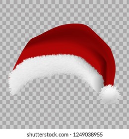 Realistic 3D of red Santa Claus hat with trail on left side on transparent background. Design for element to dress or wear for celebrate in the party of Christmas and new year in vector illustration.