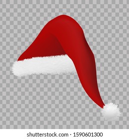 Realistic 3D of red Santa Claus hat with trail on left side on transparent background. Design for element to dress or wear for celebrate in the party of Christmas and new year in vector illustration.