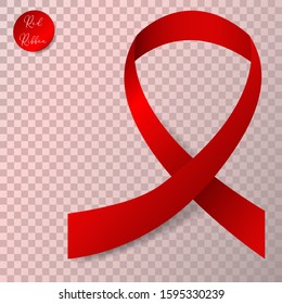 Realistic 3d red silk ribbon on transparent background. Red satin ribbon mock up, symbol world aids day. Vector illustration