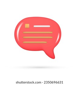 Realistic 3d red speech bubble, message button, chat box with talk speech notification. Glossy 3d element, dialogue icon, speak bubble symbol. Vector illustration isolated on white background
