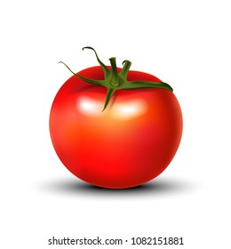 Realistic 3d red tomato isolated on white background. Good for ketchup packaging or web design. Vector illustration. EPS 10.