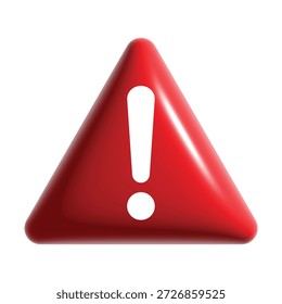 Vetor de triângulo de aviso vermelho 3D realista. Sinal de alerta brilhante com ponto de exclamação isolado no branco. Símbolo de perigo brilhante para mensagens de erro, cuidado e perigo.