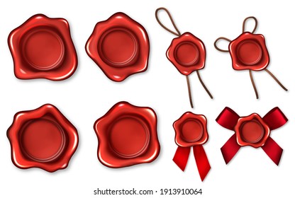 Realistic 3d Red Wax Seals Rope Ribbons Set Symbol of Quality, Guarantee or Secret. Vector illustration