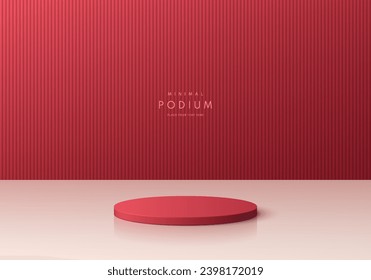 Realistic 3D red white cylinder podium pedestal background with vertical pattern wall scene. Abstract minimal mockup or product display presentation, Stage showcase. Platforms vector geometric design